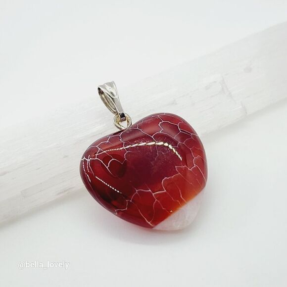 Beautiful Red Orange White Heart Fire Agate Pendant - Picture 2 of 2